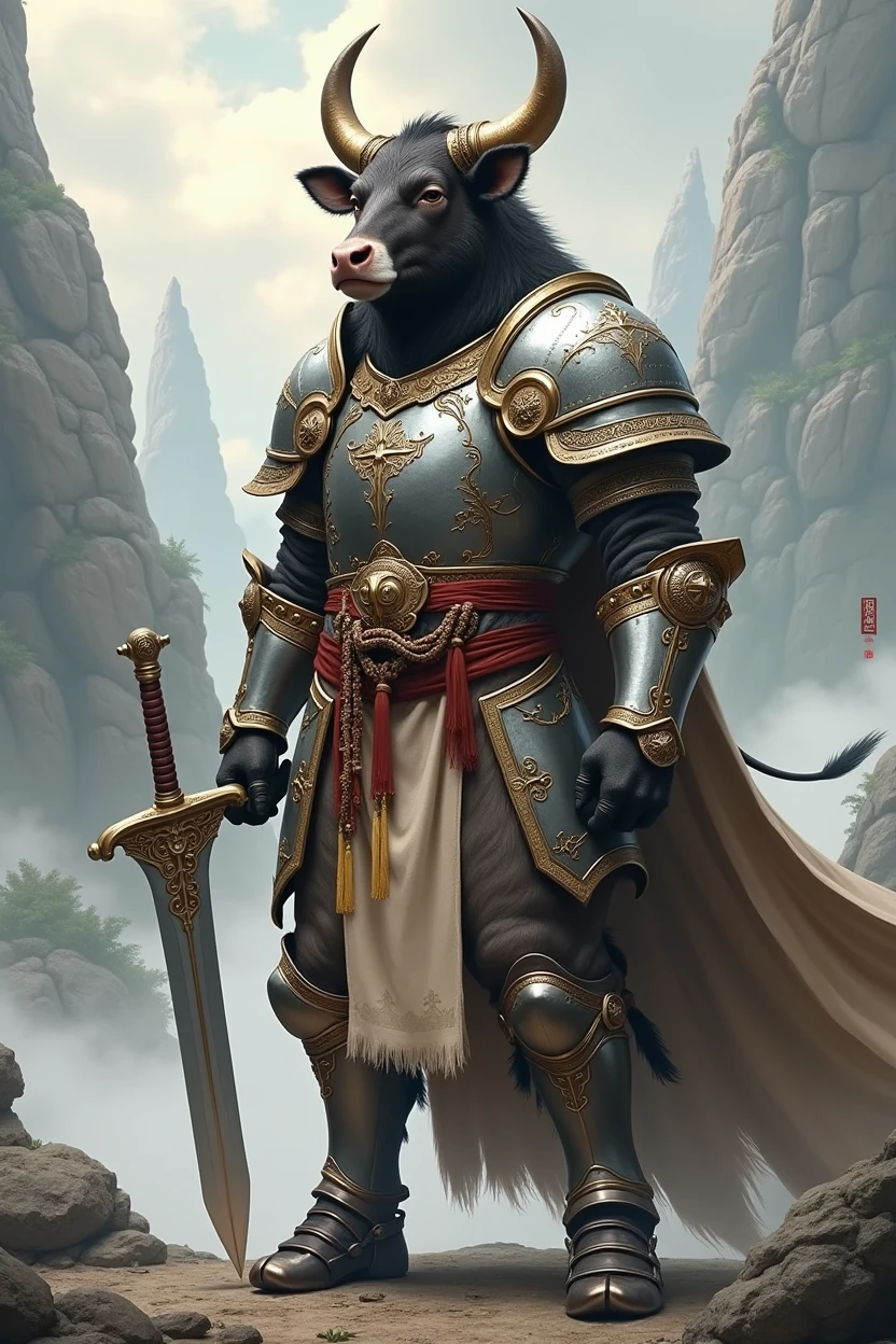 Minotaur in Greek mythology，Wearing silver and simple cleric armor，Inspired by the Classic of Mountains and Seas，cow head，cow horn，armor，silver shiny simple sword，ginger fur, Anthropomorphic paladin cow，Traditional Chinese concept art