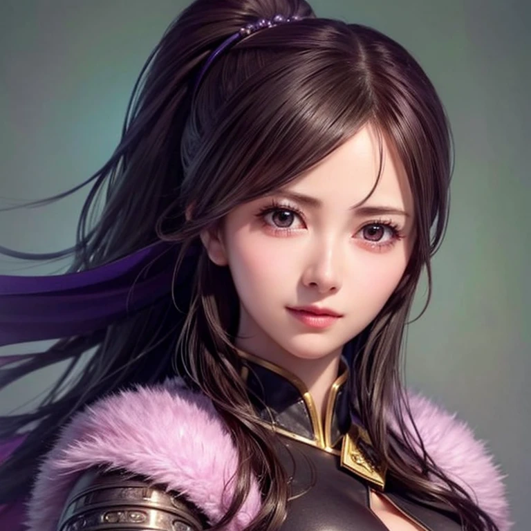 Close-up of a woman in armor and a purple cape, One person,Cute Ponytail,Large breasts and cleavage,Highly detailed face and skin texture,Looking into the camera,Perfect beauty: 1.4, fine grain,double eyelid, Whitening skin,Highest quality,Ultra-high resolution,Simple Background,, Chinese Warrior