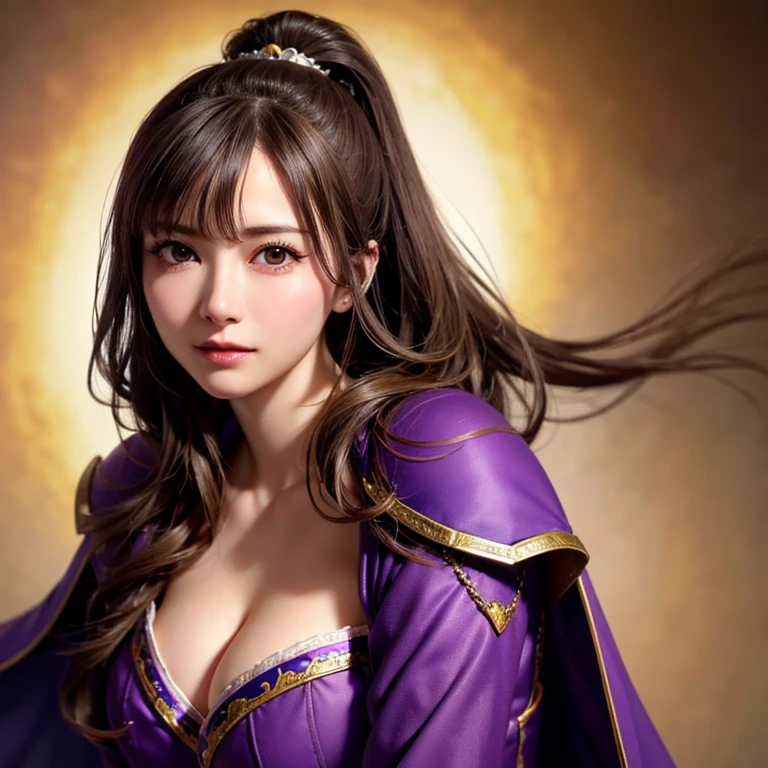 Close-up of a woman in armor and a purple cape, One person,Cute Ponytail,Large breasts and cleavage,Highly detailed face and skin texture,Looking into the camera,Perfect beauty: 1.4, fine grain,double eyelid, Whitening skin,Highest quality,Ultra-high resolution,Simple Background,, Chinese Warrior