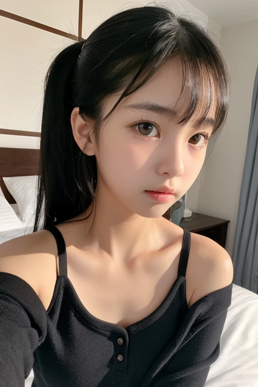 ,Primary school students,Black Hair,bangs,ponytail,Straight hair,Dark Eyes,thin足,thin,Small face,Young Face,Clean your eye,Small Mouth,thin,Young Face,Flat Chest,Flat Chest,Flat Chest,Small breasts,Small breasts,Small breasts,Small breasts,Realistic photos,4K,Please open your mouth a little,Ultra HD,whole body,Sexy Girls,whole body,,close ~ eye,8 heads,Low - Angle,Bedroom,On the bed,lie,,In underwear