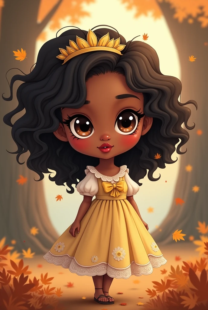 black female, with dark hair, curlies, in chibi, big cute eyes, peach-toned cheek, reddened mouth, with one eye blinking, cabelos curlies, in the scenery with brown autumn leaves, an oak, flared dress with a defined waist, lace and puff sleeves, a little yellow bow, fly away, fly away, fly away, glare eyes, glare eyes, a tiara with a yellow bow and white embroidery in the hair