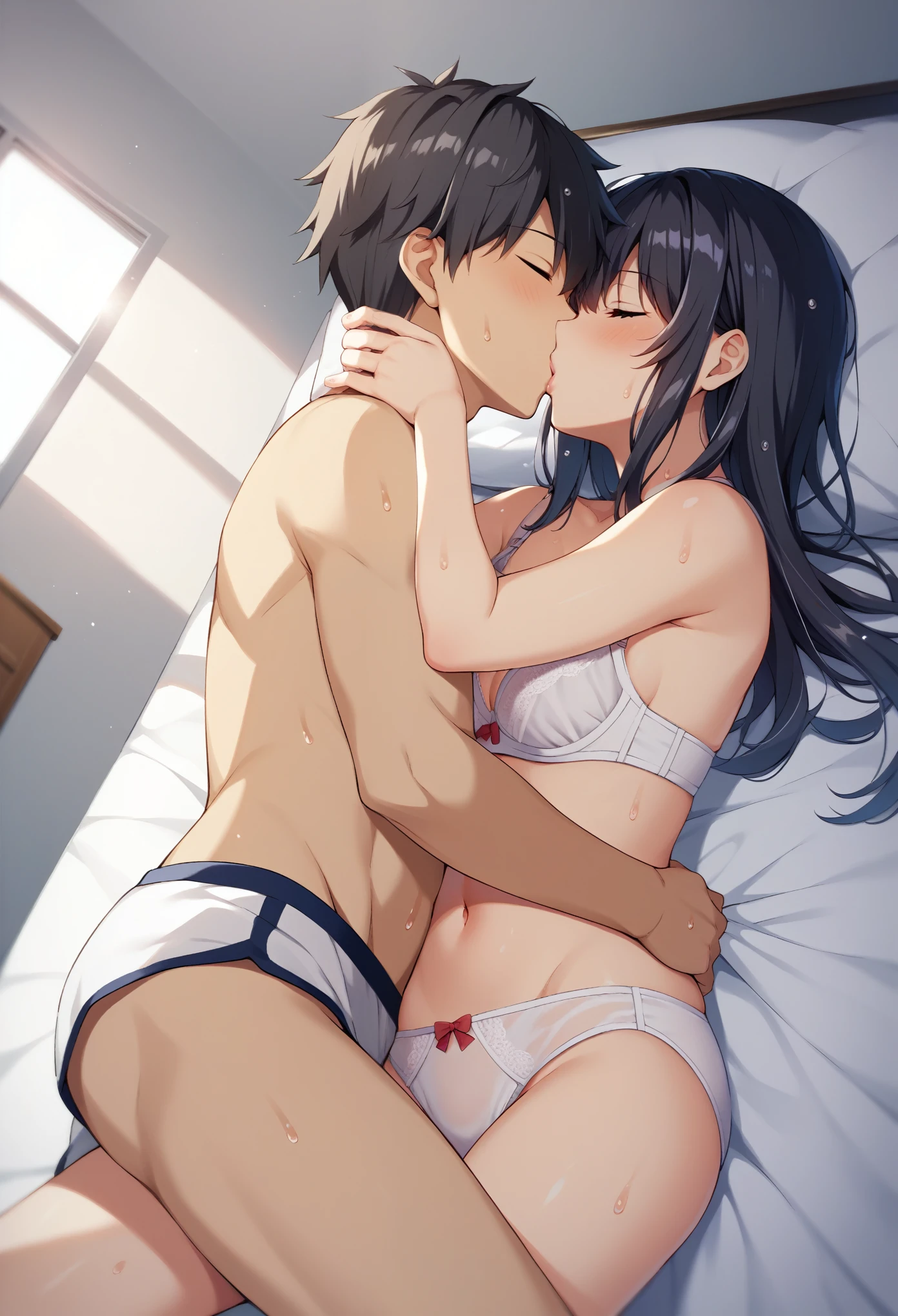 1 boy, 1 girl, nude, medium white haired girl, white haired boy, thin girl, on bed, bedroom, laying, hugging, sleeping, closed eyes, white French baret, white bra for girl, white panties for girl, white boxer for boy, sister and brother, cute, anime style, cute anime portrait, both sleeping,