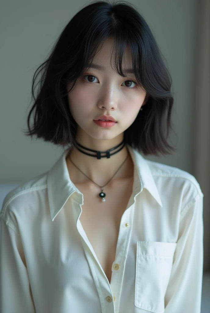 neat girl is beautiful japanese female and beautiful russian female mixed race only in the face age is 17 features of the whole body black hair medium straight bob cut hair style beautiful small face with short eyelashes boyish eyes only high nose dark blue pupils very thin upper lip milky white skin accurate attractive body shape beautiful bust waist hip s thighs knees legs choker and tie on neck shirt with collar relux on bed