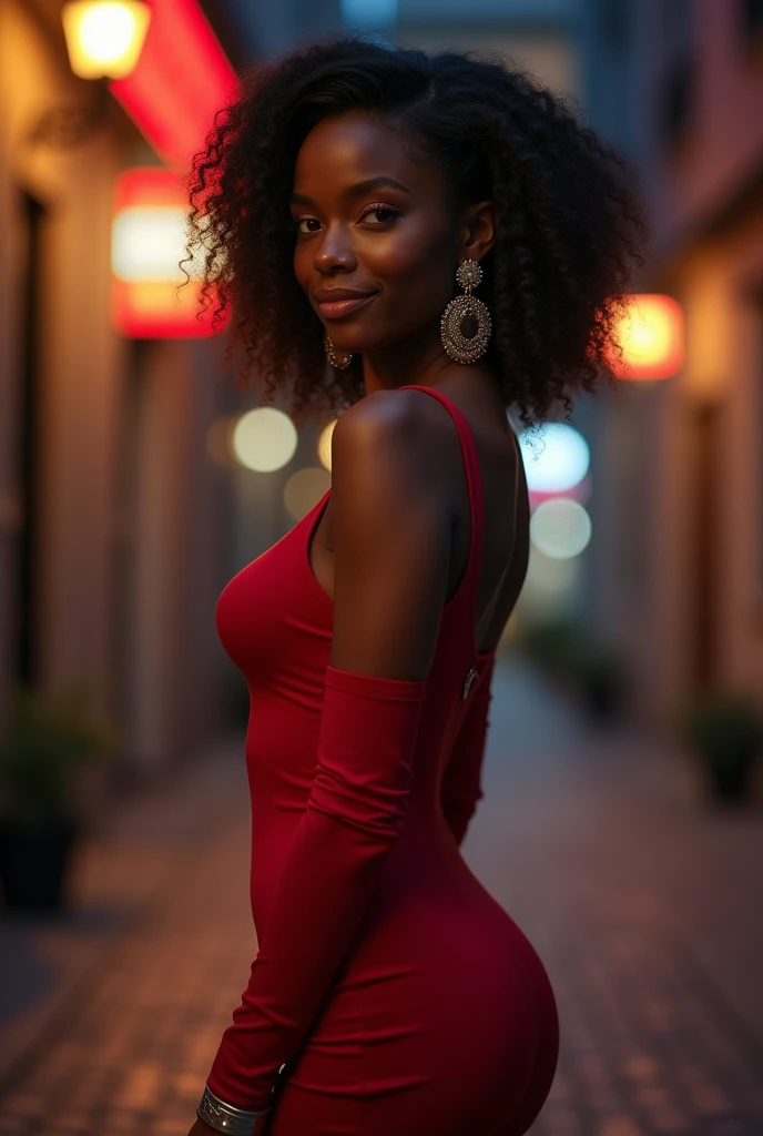 RAW, Best quality, high resolution, work: 1.3), Beautiful black woman (iu:0.8),8K, Masterpiece, RAW photo, Best quality, detail:1.2),Photorealistic, Extremely detailed Cg Unity 8K wallpapers, Depth of field, street light, Lens flare, Ray tracing, (Extremely beautiful face, Beautiful lips, Beautiful eyes), intricate detail face, ((ultra detailed skin)) 1 girl In a dark street, deepshadow, Pretty malay girl,(Very slim and slender muscular body:1.3), ((view the viewer)),(Big smile), big breast, (bodycon minidress),(red dress), (Injection sleeve) , (City Night, Pretty ebony girl, red heels Earrings, bangle, necklace, Pantyhose, Clear eyes, Walking , (brown skin), Face forward, (Big eyes), ((full body shots)), tightly dress, Silk red dress , Turn Back, Back shot, Very slim, slander