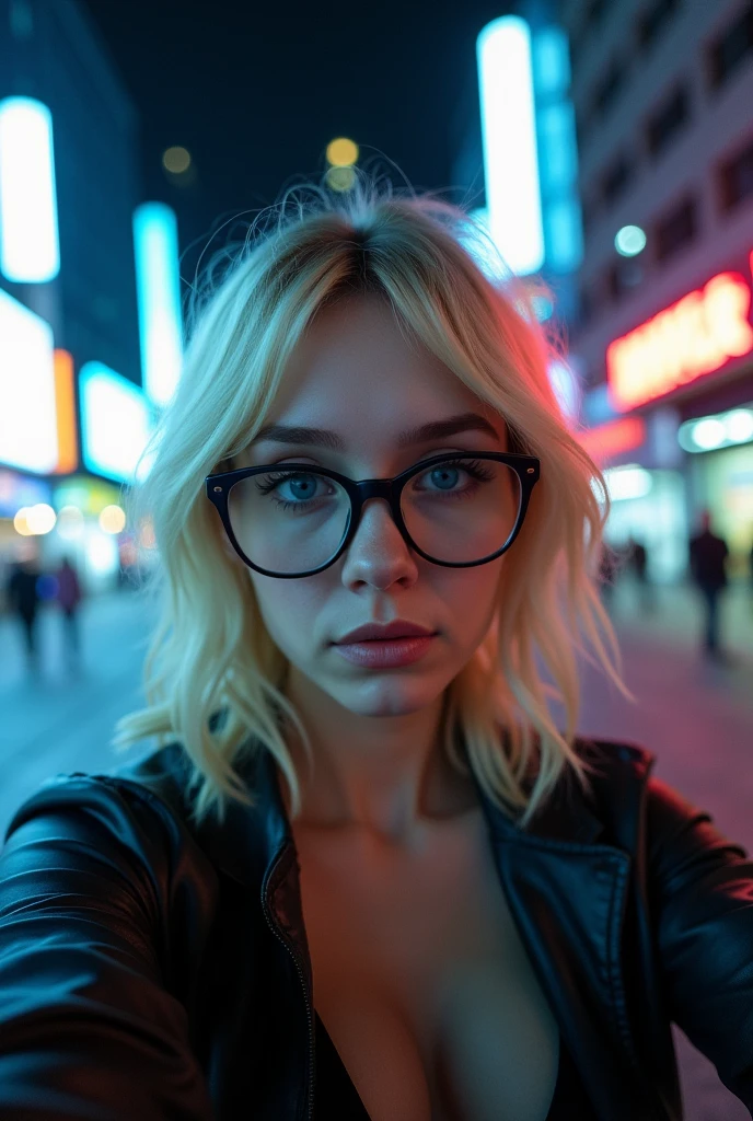 selfie of a girl with light blonde hair , round face and blue eyes in a night city , camera flash, futuristic, seductive, motion blur, glasses, huge breasts, blured background, ISO 100