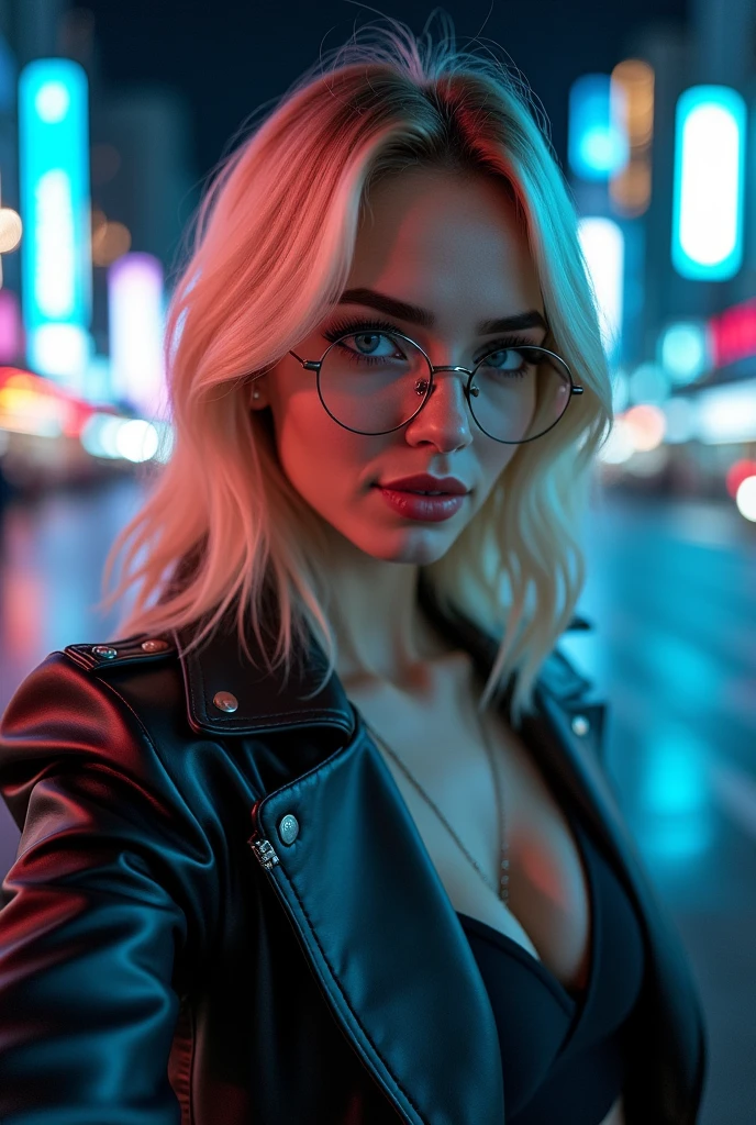 selfie of a 18 year old girl with light blonde hair , round face and blue eyes in a night city , camera flash, futuristic, seductive, motion blur, glasses, huge massive breasts, blurred background, lots of cleavage, thin sundress, image focused on large cleavage, breasts are too large, frame,