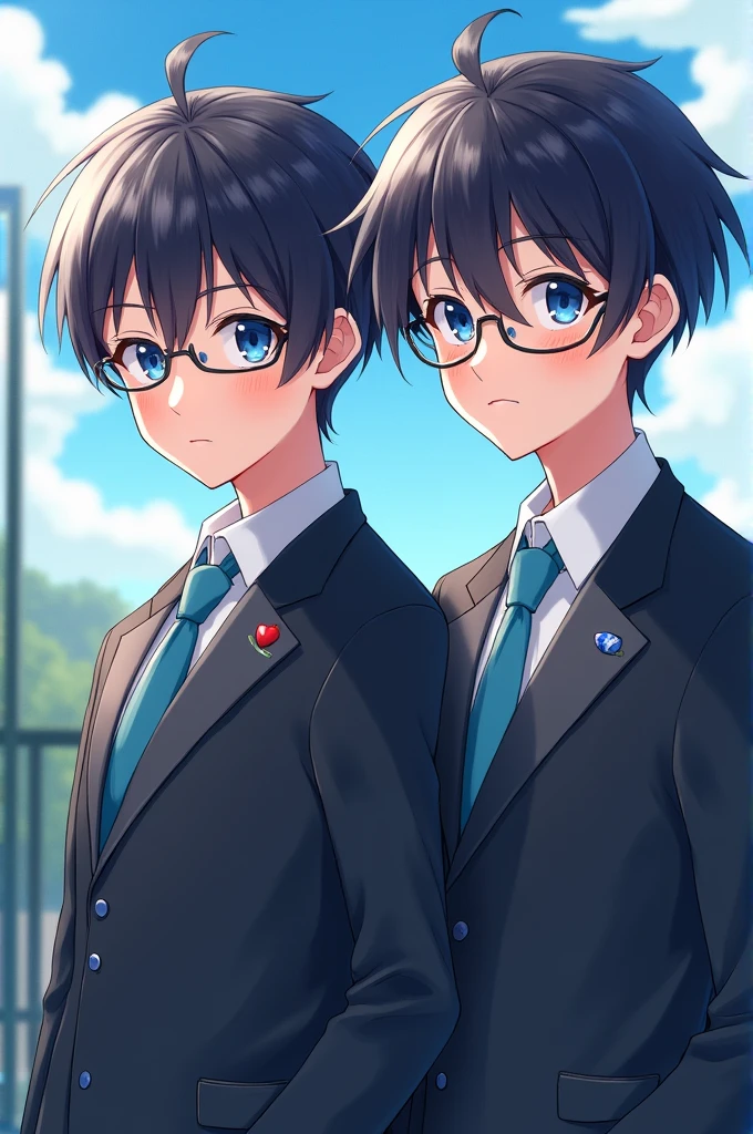 anime, twin boys, by white, blue eyes, clear skin, students, one with glasses and the other without glasses, They are both men 