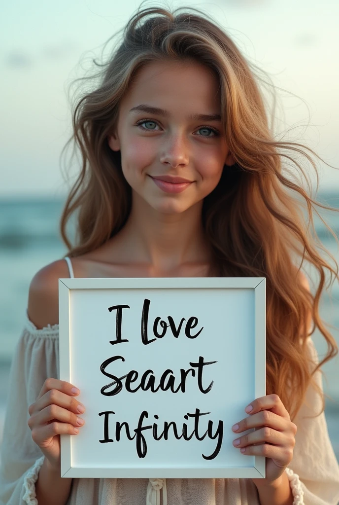 Beautiful girl with wavy long hair, bohemian dress, holding a white board with text "I Love Seaart Infinity" and showing it to the viewer