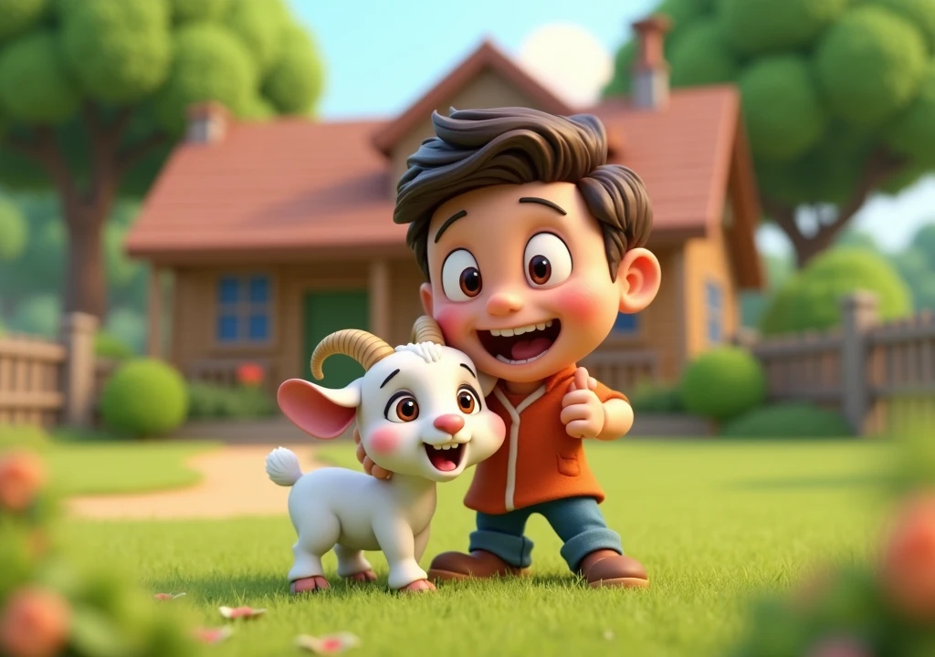 A house with some trees in the background and a man loving his goat in the front 3d cartoon images YouTube thumbnail size 