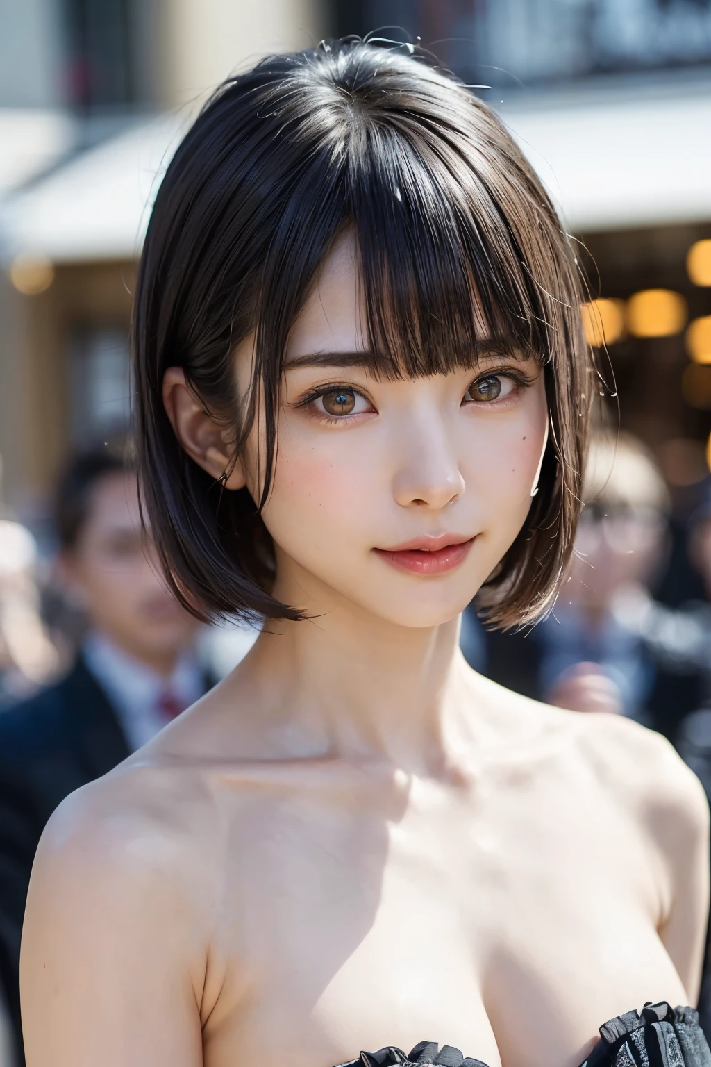 (masterpiece, Highest quality),One Girl, alone, Black-haired, scarf, Have, Realistic, Realistic, Looking at the audience, Light-coloured black eyes, Short brunette bob, Brown coat,, lips, prohibit, Plein Air, Upper Body、Big eyes、Beautiful view of sparkling snow lassi))、(((Short bob hair with bangs:1.4、Shiny Hair、prohibit:1.4、Big eyes、large full chest、Highlights the eyes、Gazing at the audience、Beautiful beauty、Listen carefully、Long neck、Laugh a little、smile、Ideal body type)))、{Huge|big|Hugeな|Mega} chest:2, chestの谷間:2