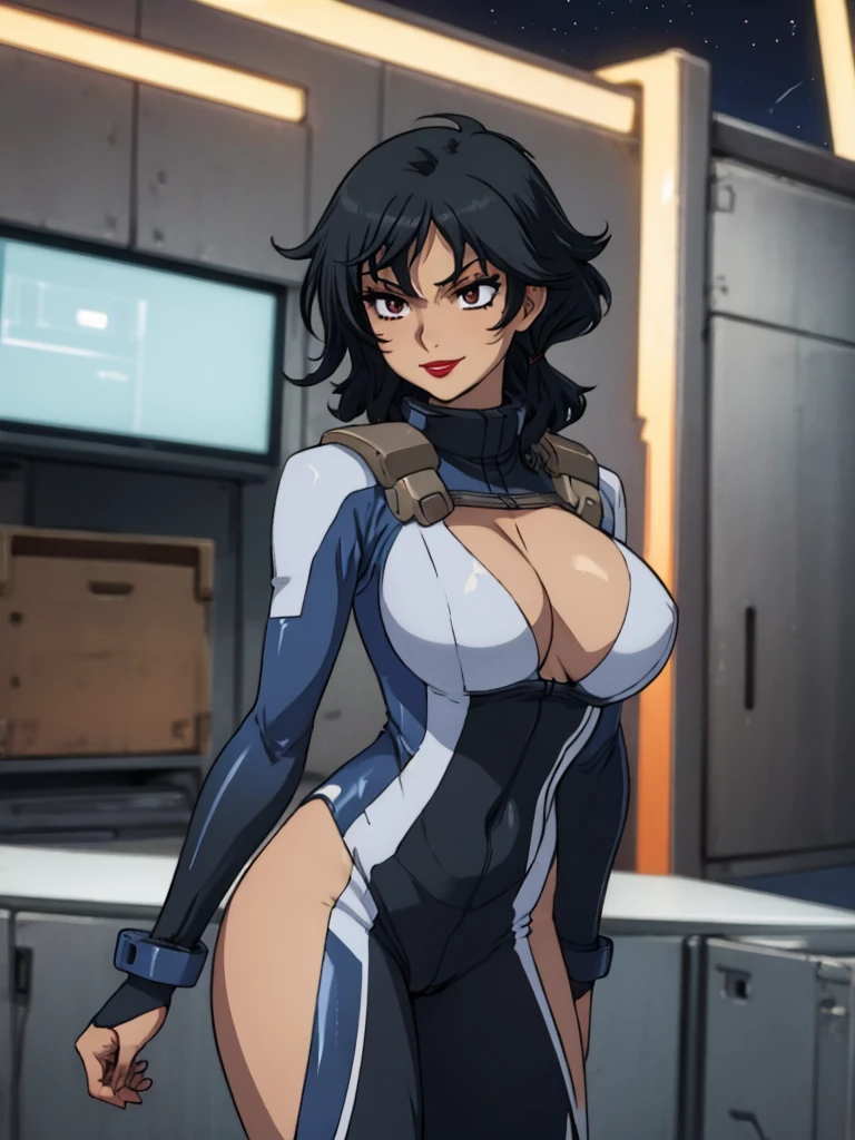 best quality, ultra-detailed, best illustration, masterpiece, high res (1girl:1.3), (large breasts), cleavage, closed mouth, (), ((1girl)), ((((solo))), (((alone))), (((genderbend))), (((female))), wide hips, thick thighs, flat chest , narrow waist, ((porn movie)), ((sexy skintight latex dark blue celestial being pilot suit)), ((anime artstyle)), long eyelashes, ((((long black hair)))), ((prostitute)), (((at night))), (red lipstick), (black eyeshadow), (in the dark), smiling.