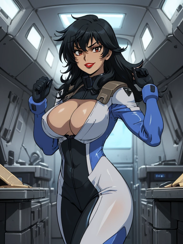 best quality, ultra-detailed, best illustration, masterpiece, high res (1girl:1.3), (large breasts:1.5), cleavage, closed mouth, (), ((1girl)), ((((solo))), (((alone))), (((genderbend))), (((female))), wide hips, thick thighs, flat chest , narrow waist, ((porn movie)), ((sexy skin tight latex daek blue celestial being pilot suit)), ((anime artstyle)), long eyelashes, ((((long black hair)))), ((prostitute)), (((at night))), (red lipstick), (black eyeshadow), (in the dark), smiling.