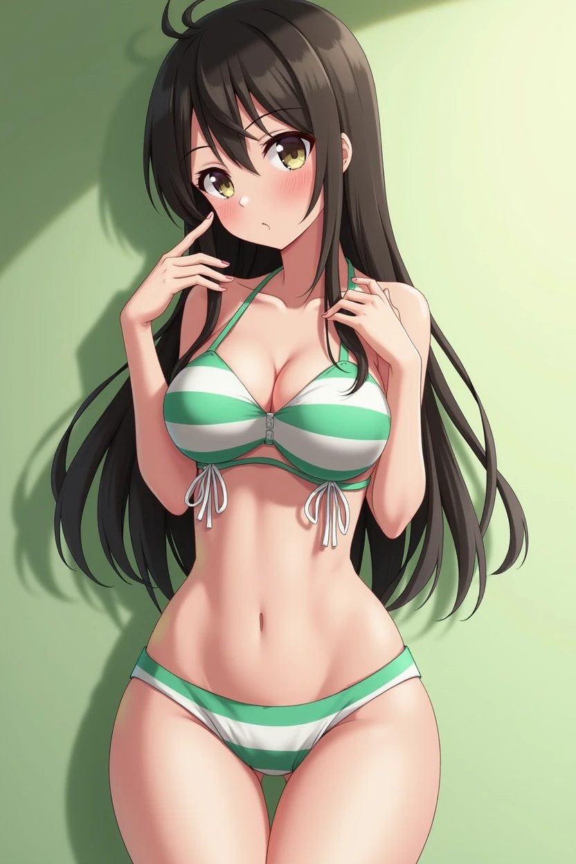 Hot Anime girl with big breasts in Green White striped thong and skirt 