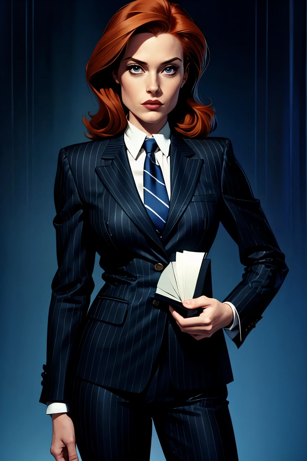 FBI agent Dana Scully from "The X-Files." 90's, black pinstripe suit
