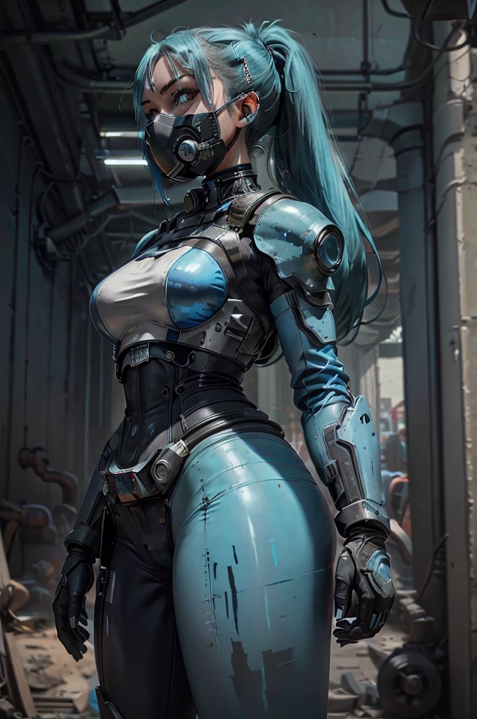 from below angle from below camera shoots from below cyborg warrior girl flat horizon photo, Girl android , she has long light blue hair, hair tied up in a ponytail, she has a mask on her face, a respirator, a woman with sexy hips, incredibly beautiful blue eyes and a gas mask on her face, half cyborg, technological modifications. Cool girl, Beautiful face, pretty face, look at the camera, blue cybernetic android robot body, Large wide hips, suit with blue indicator lines with many blue details, blue colour corset, blue glowing lines on clothing details, cybernetic armor with a blue glow from under the joints and joints, she has blue eyes , frame with a flat horizon, Anime Style Photography , blue Lasers, high image detail, 4k quality, the camera films Her from below, lower angle of photography, blue neon lights, blue lamps, blue lighting, blue flashes, blue sky background, a girl stands on the roof of a tall building, behind her is a blue sky and clouds