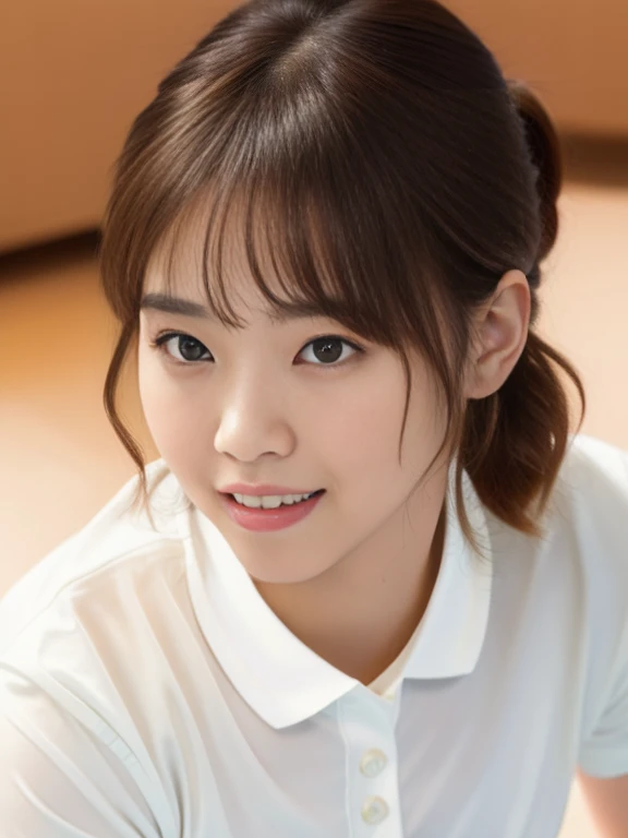 Masterpiece, Best quality, 8K:1.3), (Ultra realistic, Photo-realistic:1.2), (From above:1.3), From side, (Crawling position:1.1), (Seductive pose:1.1), Natural light, 28 years old actress, Japanese women, Neat and clean, (Wearing white tennis uniform, White short-sleeve polo shirt:1.3), (unbutton polo shirt:1.3), (White tennis mini skirt:1.3), White sock, (Beautiful thighs:1.1), (ponytail:1.1), (Short wavy hair:1.2), Light brown hair color, (Beautiful Face), Oval face, clear, Beautiful eyes, Kind eyes, Bedroom eyes, (Clear skin), Natural makeup, Small face, Small mouth, Beautiful mouth, Approachable, Hotel Suite room, On bed, Seductive smile, Shy,