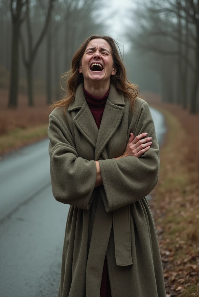 A Woman, wearing a robe in the olden days, crying bitterly and writhing in pain by the roadside