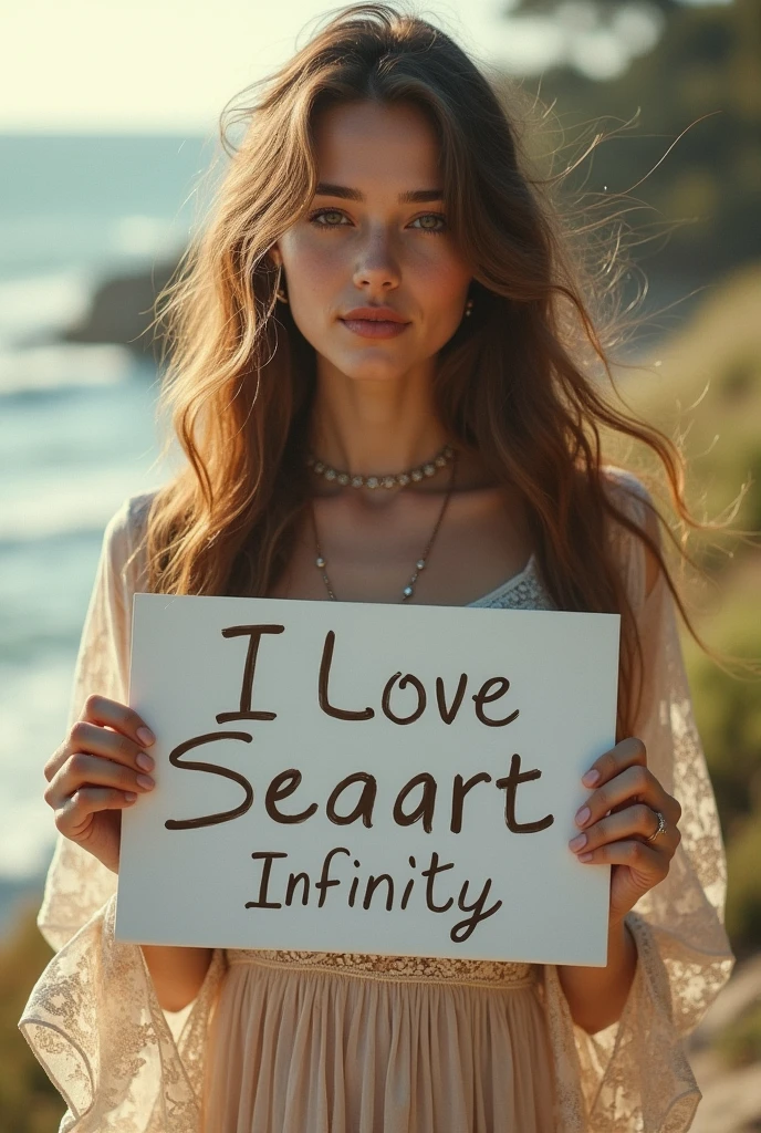 Beautiful girl with wavy long hair, bohemian dress, holding a white board with text "I Love Seaart Infinity" and showing it to the viewer