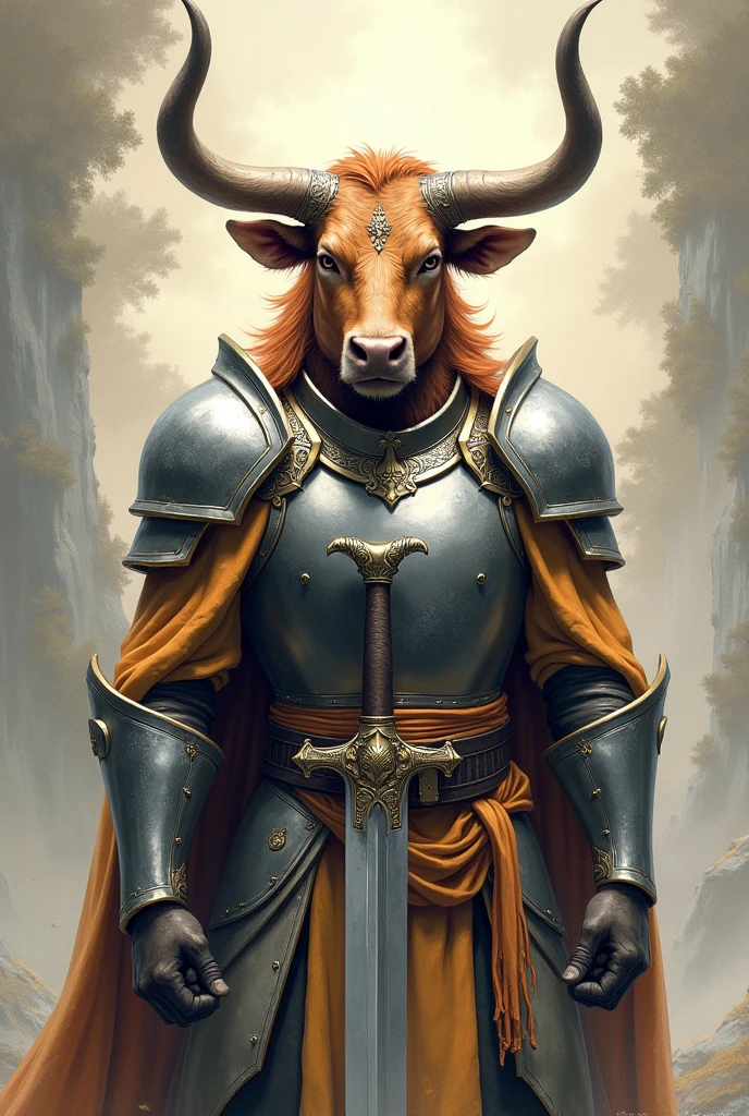 Minotaur in Greek mythology,Wearing silver and simple cleric armor,Inspired by the Classic of Mountains and Seas,cow head,cow horn,armor,silver shiny simple sword,ginger fur, Anthropomorphic paladin cow,Traditional Chinese concept art