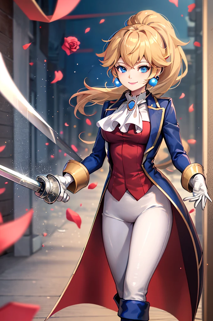 ((masterpiece,Highest quality)), Absurd, sword fighter_peach, alone, One girl, Have, Blonde, blue eyes, jewelry, Earrings, Long Hair, saber, Have feather, pants, Ascot, Red Rose, Have flower, ponytail, white pants, White gloves, boots, Blue jacket, Long sleeve, smile, View your viewers, Cowboy Shot,  Structure of the film,パイパンPussy,pussy,Pussy