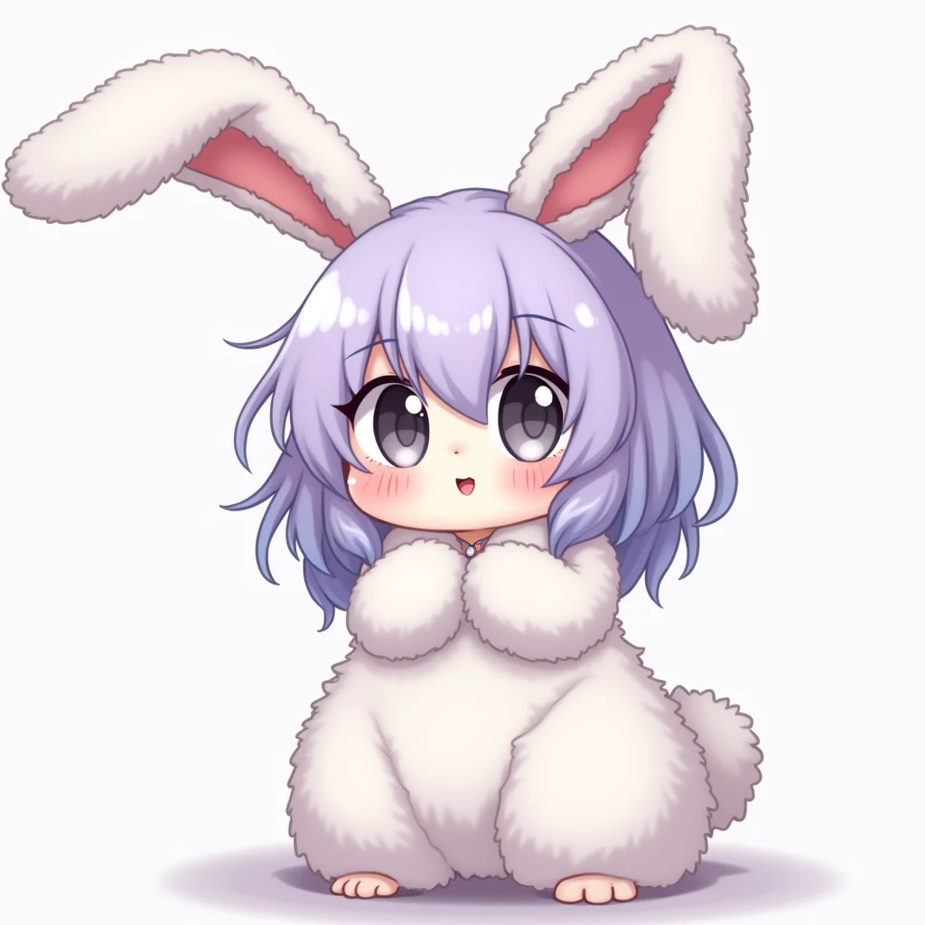 Cute furry bunny girl with white hair and very light and pastel purple hair with floppy bunny ears prism gray eyes with nice body and small bust and big hips and chubby looking anime style detailed