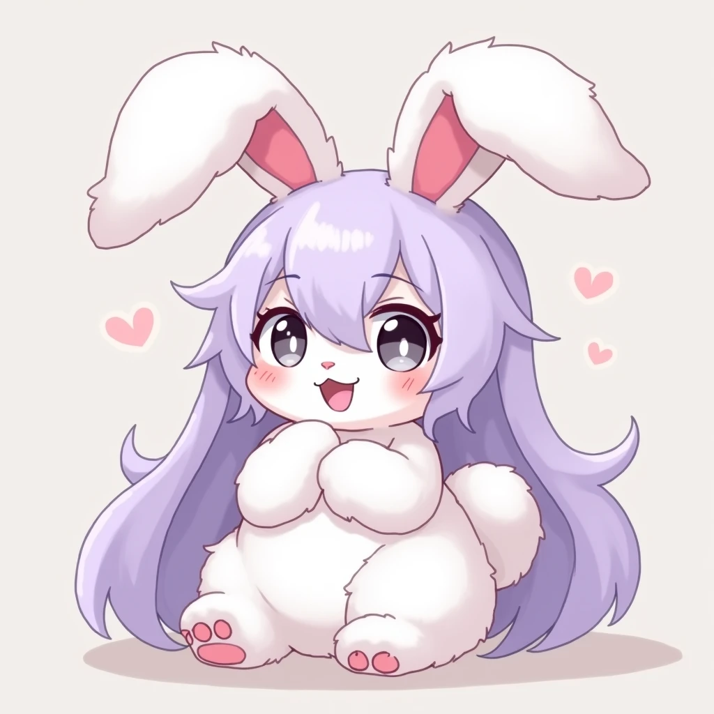 Cute furry bunny girl with white hair and very light and pastel purple hair with floppy bunny ears prism gray eyes with nice body and small bust and big hips and chubby looking anime style detailed
