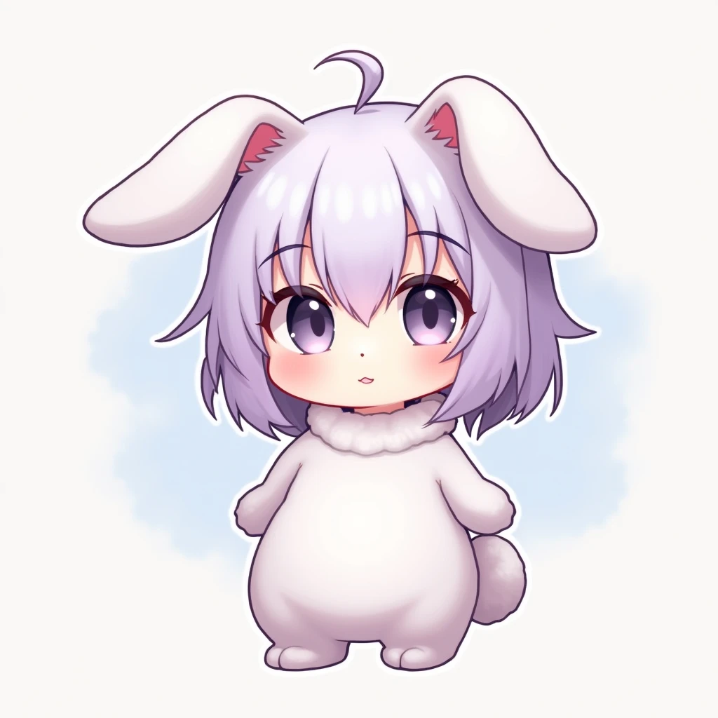 Cute furry bunny girl with white hair and very light and pastel purple hair with floppy bunny ears prism gray eyes with nice body and small bust and big hips and chubby looking anime style detailed