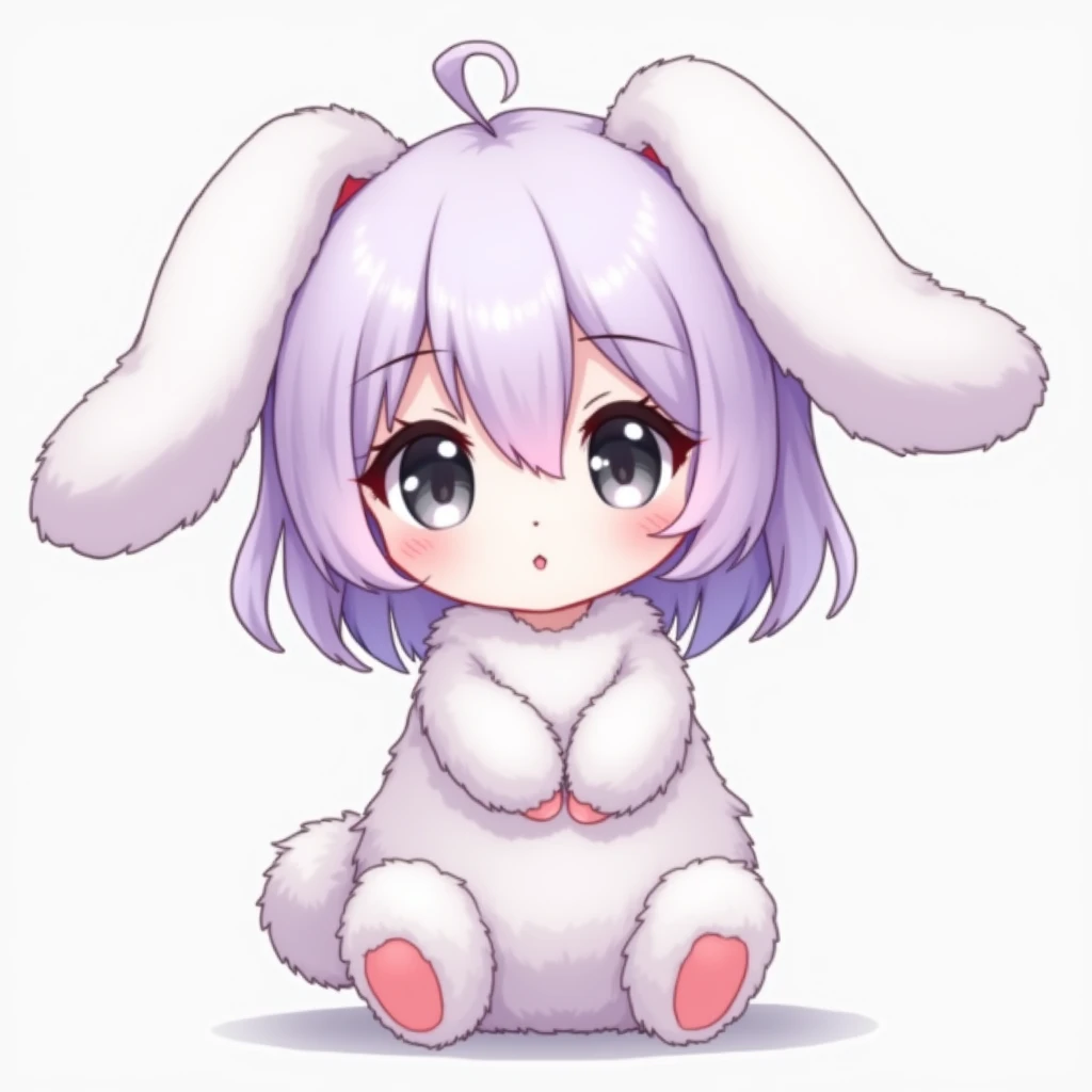 Cute furry bunny girl with white hair and very light and pastel purple hair with floppy bunny ears prism gray eyes with nice body and small bust and big hips and chubby looking anime style detailed