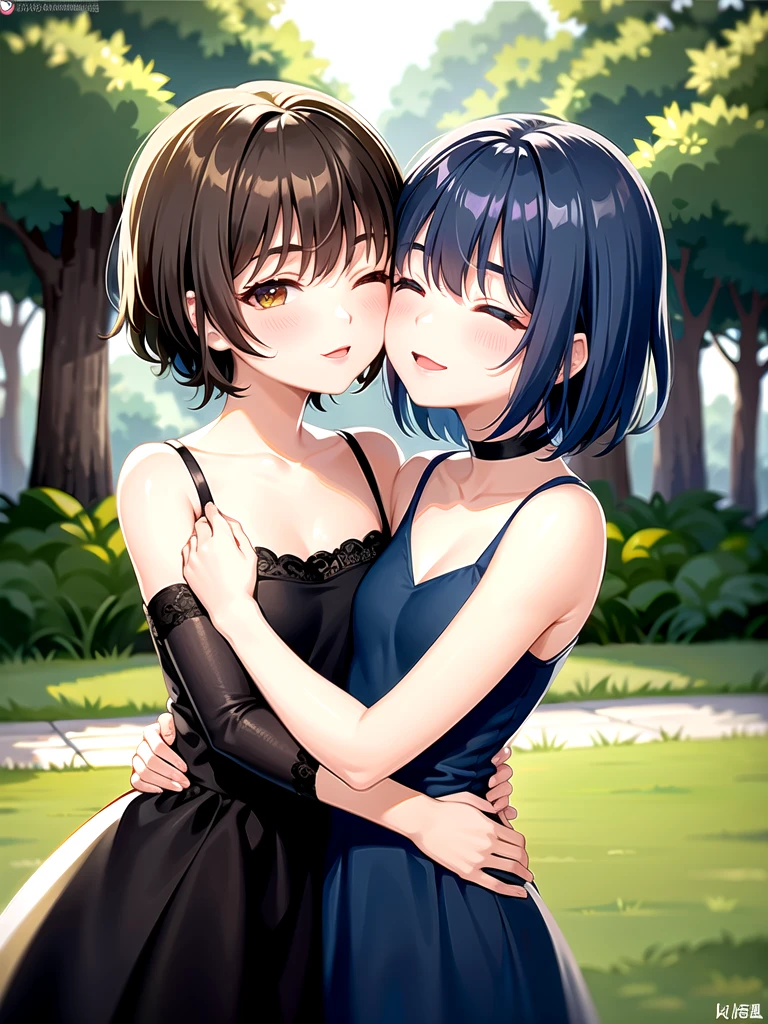 Highest quality、Ultra-high resolution、16-year-old girl2people、Lesbian、Embrace each other、short hair、Black Hair、hair ornaments、Kiss to close your eyes、 Body Type、Sleeveless dress