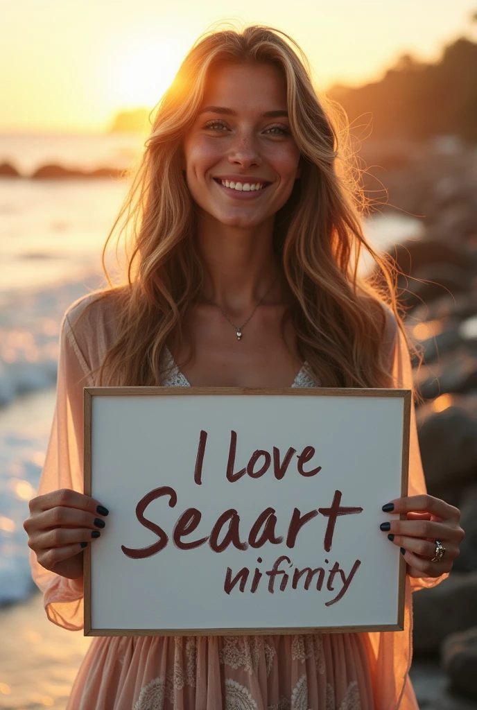 Beautiful girl with wavy long hair, bohemian dress, holding a white board with text "I Love Seaart Infinity" and showing it to the viewer