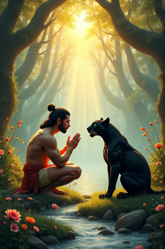 A lord hanuman praying lord ram in a beautiful forest , and 2 black panther sitting beside lord ram with green eye, and water flowing location a very good morning  sunrise 