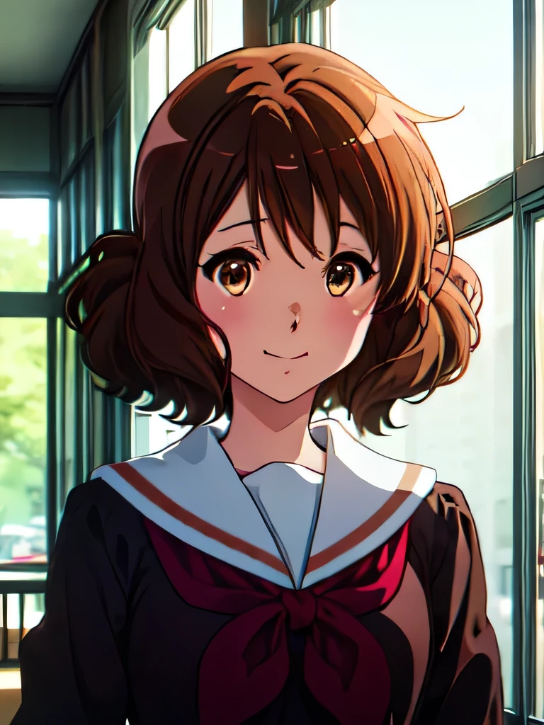 kumiko oumae, kumiko oumae, (Brown eyes:1.5), Brown Hair, short hair, Wavy Hair, Hot Face, blush, Sailor suit, , high school girl, Red ribbon, Downward, smile, very cute and beautiful girl,Teen,(Very detailedな美しい顔),
(Highest quality,masterpiece),Absurd,High resolution,Very detailedな,Very detailed,32K,8k resolution,  (Perfect hands, Perfect Anatomy),I am smiling at you、