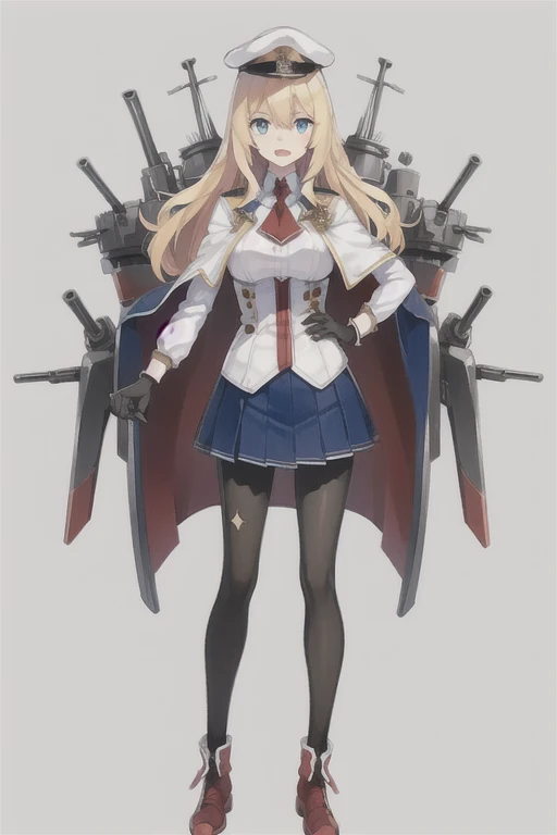 konggo \(warship girls r\),((Best quality))), ((Best quality))), ((Ultra-detailed)), ((illustration)), ((Disheveled hair)), ((frilld)), (1 girl), (Solo),,1girl, black legwear, blonde hair, blue eyes, blue skirt, breasts, cape, full body, gloves, hat, jacket, long hair, looking at viewer, machinery, medium breasts, military hat, miniskirt, necktie, open mouth, pantyhose, peaked cap, pleated skirt, rigging, shoes, skirt, smile, solo, standing, turret, weapon, white gloves, white headwear