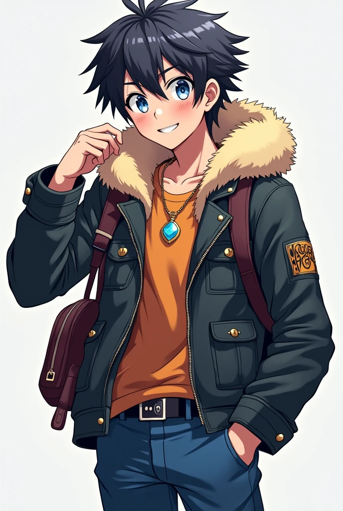 ager, Whole body, athletic, rubio, smile, eyes the color of honey, Leather jacket with polar fleece on the hood, schoolbag, belt with knives, blue pants, black boots, Gold necklace with a sky-blue gem, power in one hand, anime, 4k, epic