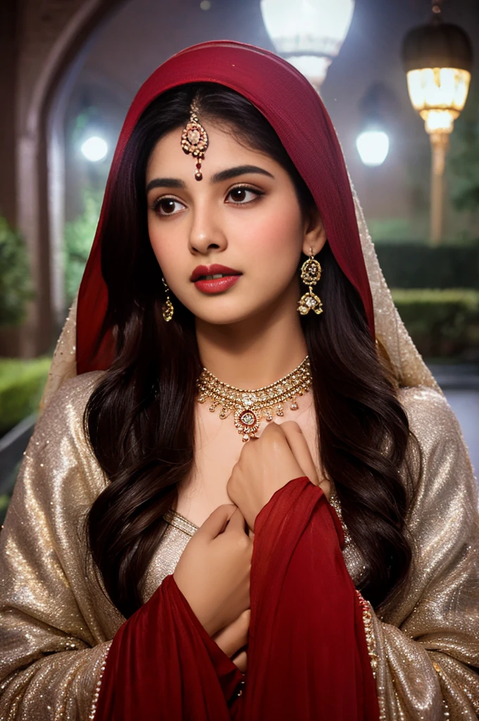 A milky pretty beautiful muslim pakistani sajal ali is in the open courtyard, her beauty accentuated by the glow of chandelier lights in night time. she is crying & lost in her own dream.Adorned in a red her long black silky hair delicately frames her angelic face. she is wearing silver jewellery