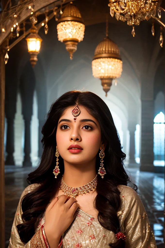 A milky pretty beautiful muslim pakistani sajal ali is in the open courtyard, her beauty accentuated by the glow of chandelier lights in night time. she is crying & lost in her own dream.Adorned in a red her long black silky hair delicately frames her angelic face. she is wearing silver jewellery