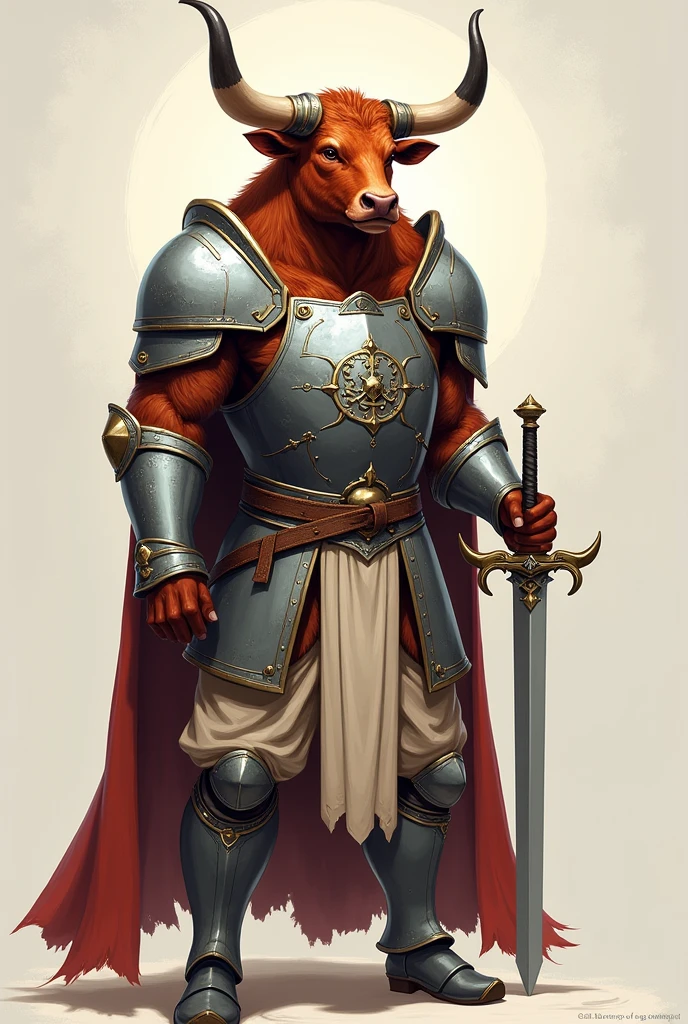 Minotaur in Greek mythology,Wearing silver and simple cleric armor,Inspired by the Classic of Mountains and Seas,cow head,cow horn,armor,silver shiny simple sword,ginger fur, Anthropomorphic paladin cow,Traditional Chinese concept art, looking brave and mighty, simple background