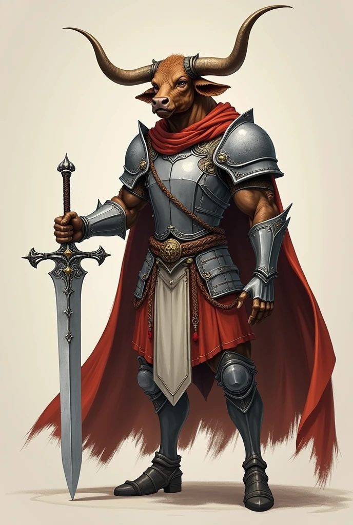 Minotaur in Greek mythology,Wearing silver and simple cleric armor,Inspired by the Classic of Mountains and Seas,cow head,cow horn,armor,silver shiny simple sword,ginger fur, Anthropomorphic paladin cow,Traditional Chinese concept art, looking brave and mighty, simple background