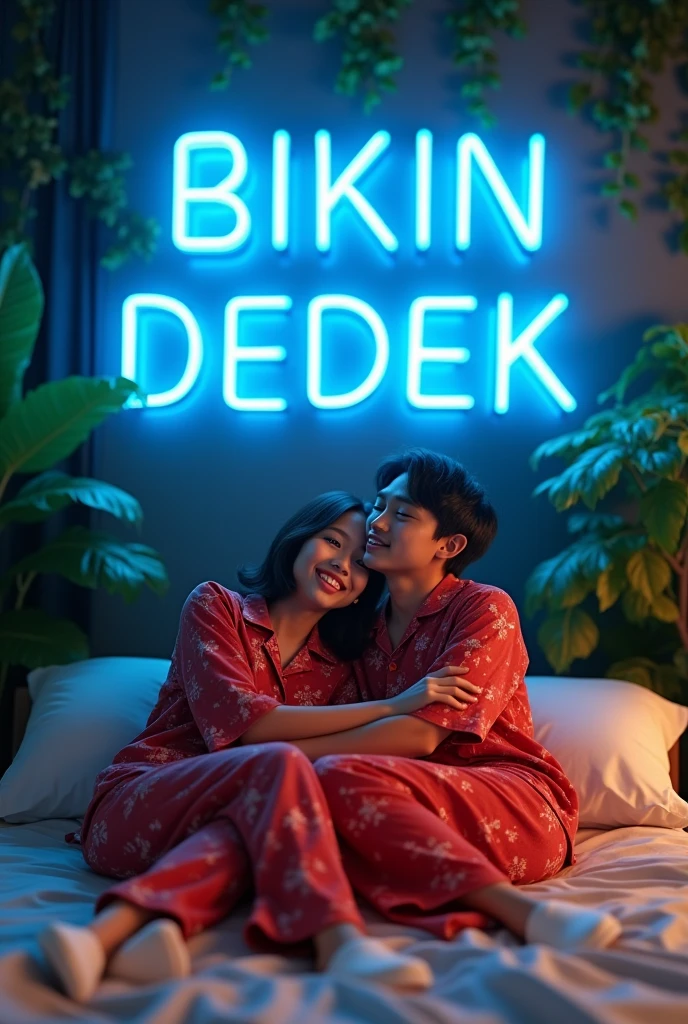pelukan tidur Pasangan lucu berusia 21 tahun Indonesia yang realistis with kamar tidur. Anak Laki-Laki Mengenakan seragam tidur berwarna merah with bunga mawar, dan anak perempuan mengenakan seragam tidur berwarna merah with sandal putih, with, he looked ahead. Ruang latar belakang menampilkan “BIKIN DEDEK” with font neon BIRU besar dan kapital di dinding ruangan. and there are many trees that make it look as if he is an.very detail, hyperrealism, 4k