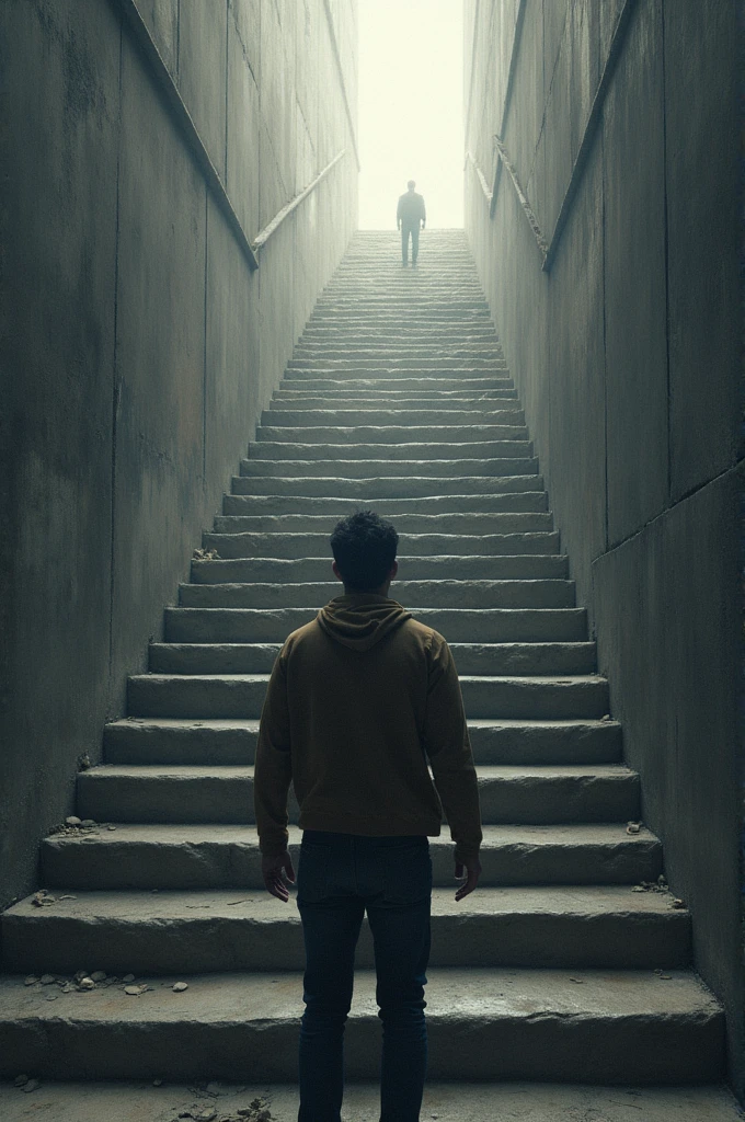 A man try to walk on stairs he stand at the floor and see the first step which is too long which defines the first failure and further stairs defines little little success