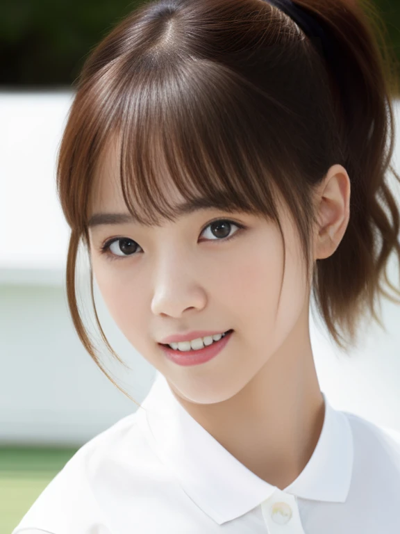Masterpiece, Best quality, 8K:1.3), (Ultra realistic, Photo-realistic:1.2), (From above:1.3), From side, (Crawling position:1.1), (Seductive pose:1.1), Natural light, 28 years old actress, Japanese women, Neat and clean, (Wearing white tennis uniform, White short-sleeve polo shirt:1.3), (unbutton polo shirt:1.3), (White tennis mini skirt:1.3), White sock, (Beautiful thighs:1.1), (ponytail:1.1), (Short wavy hair:1.2), Light brown hair color, (Beautiful Face), Oval face, clear, Beautiful eyes, Kind eyes, Bedroom eyes, (Clear skin), Natural makeup, Small face, Small mouth, Beautiful mouth, Approachable, Hotel Suite room, On bed, Seductive smile, Shy,