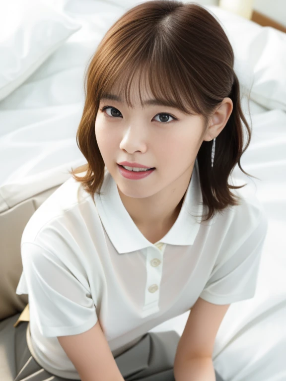 Masterpiece, Best quality, 8K:1.3), (Ultra realistic, Photo-realistic:1.2), (From above:1.3), From side, (Crawling position:1.1), (Seductive pose:1.1), Natural light, 28 years old actress, Japanese women, Neat and clean, (Wearing white tennis uniform, White short-sleeve polo shirt:1.3), (unbutton polo shirt:1.3), (White tennis mini skirt:1.3), White sock, (Beautiful thighs:1.1), (ponytail:1.1), (Short wavy hair:1.2), Light brown hair color, (Beautiful Face), Oval face, clear, Beautiful eyes, Kind eyes, Bedroom eyes, (Clear skin), Natural makeup, Small face, Small mouth, Beautiful mouth, Approachable, Hotel Suite room, On bed, Seductive smile, Shy,