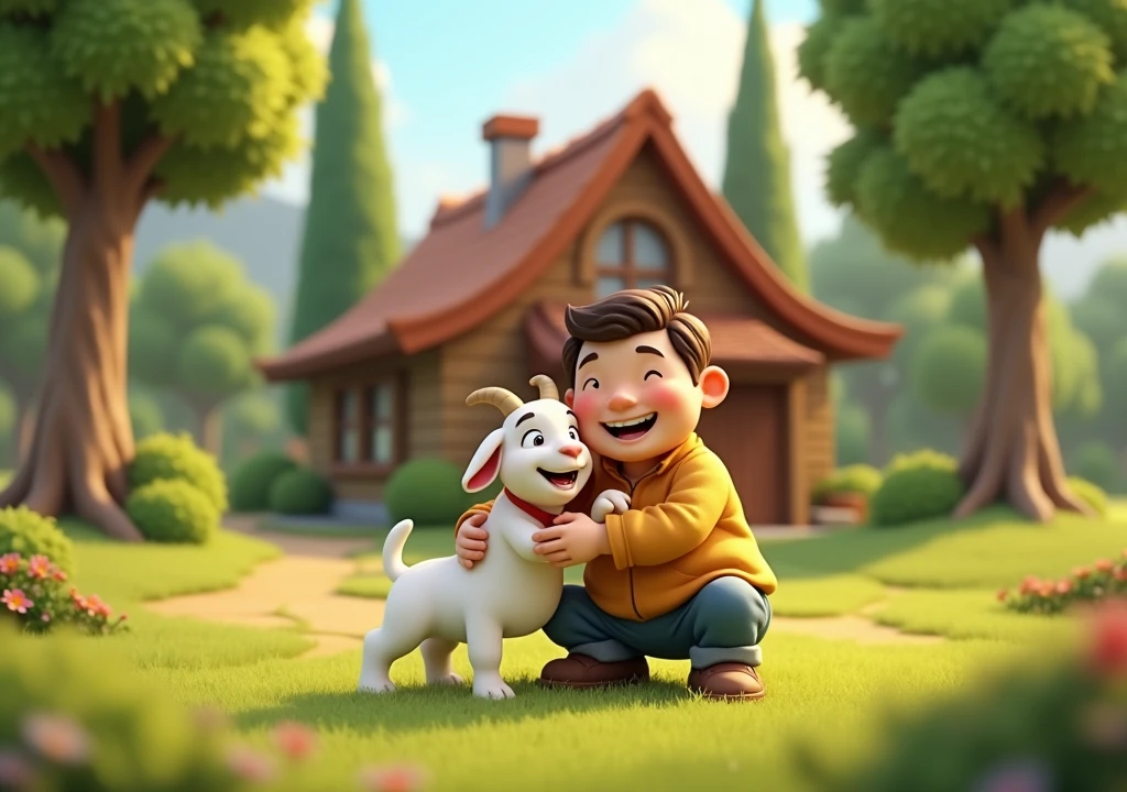 A house with some trees in the background and a man loving his goat in the front 3d cartoon images YouTube thumbnail size