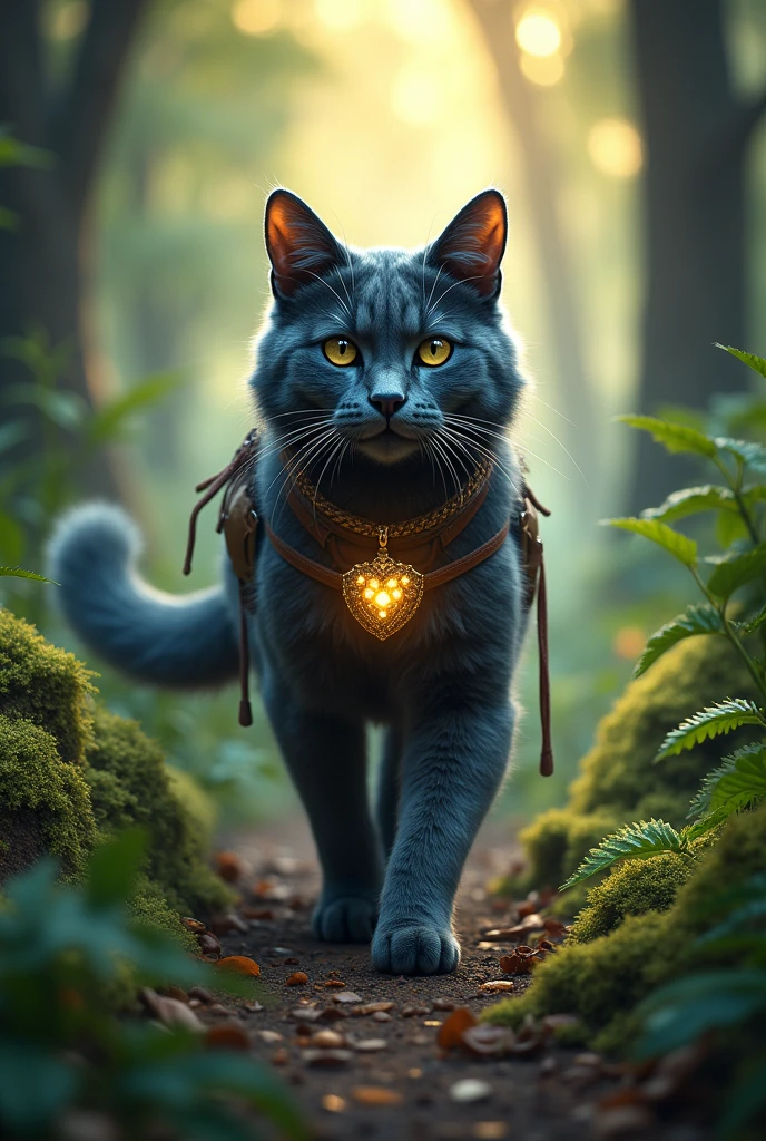 Magical Nebelung cat with a collar, Leather clothes and a magic necklace in a forest