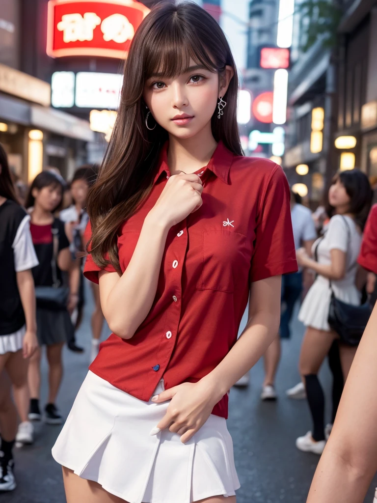 Product quality,1 girl,Cowboy Shot,Front view,(Thigh Emphasis:1.6),Young and sexy Japanese girl,20-year-old,Harajuku,(Crowded street:1.4),Snazzy,((Red Shirt:1.5)),wear,(Snazzyバッグ:1.3),Fashionable necklaces,Stylish earrings,((White Ultra Short Micro Mini Skirt:1.5)),wear,((Small Head,face:0.2))とてもかわいいface,赤ちゃんのface,Glossy Lips,Double eyelids on both eyes,(Natural Makeup),Small and cute nose,shiny smooth light brown long hair,,,,,Asymmetrical bangs,Center image,8k resolution,Attention to detail,Detailed hairstyle,詳細なface,Cinema Lighting,Octane Rendering,Ultra-realistic,Perfect limbs,(Detailed fingers:1.5),Beautiful legs,Voluptuous thighs,Huge breasts,Perfect Anatomy,(Model sexy pose:1.5)