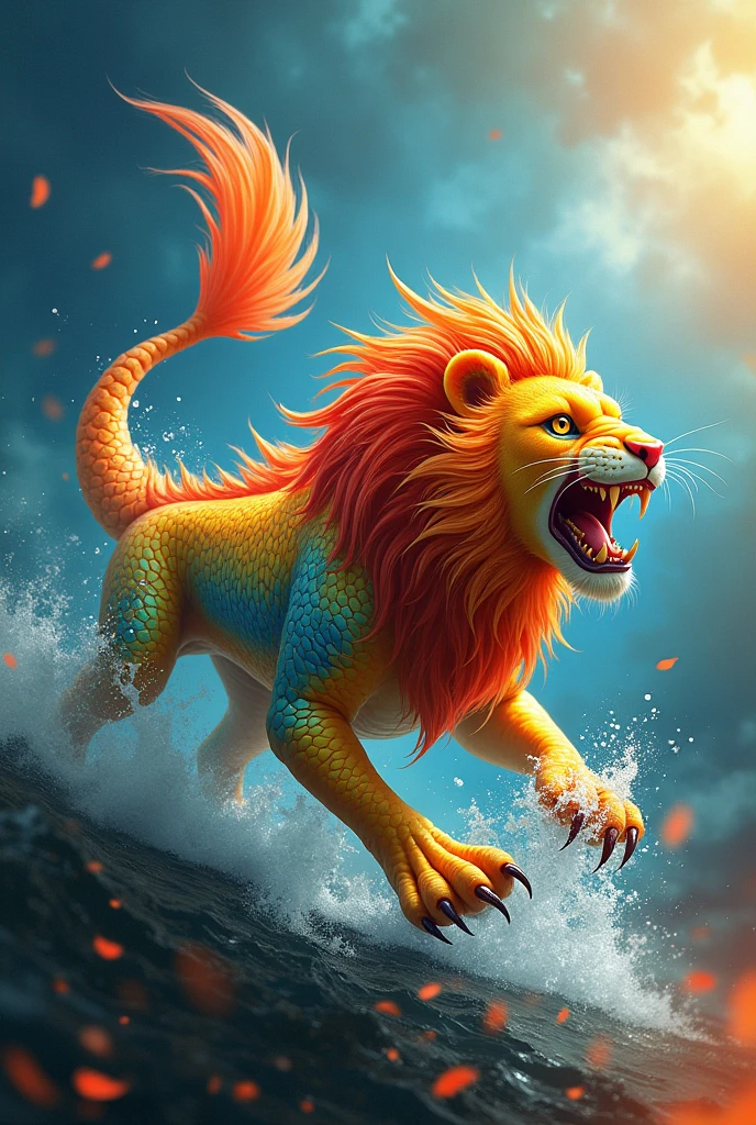 An animal that mixes the body of a colorful fish in yellow colors, orange, blue and red with lion&#39;s head and, instead of paws, that has scorpion claws formed by water. 
The scorpion&#39;s tail is shaped like the scorpion&#39;s stinger in an attack position above the head.. The background should be of the elements of water and fire mixed together.. 
The lion has to have its mouth open when attacking.