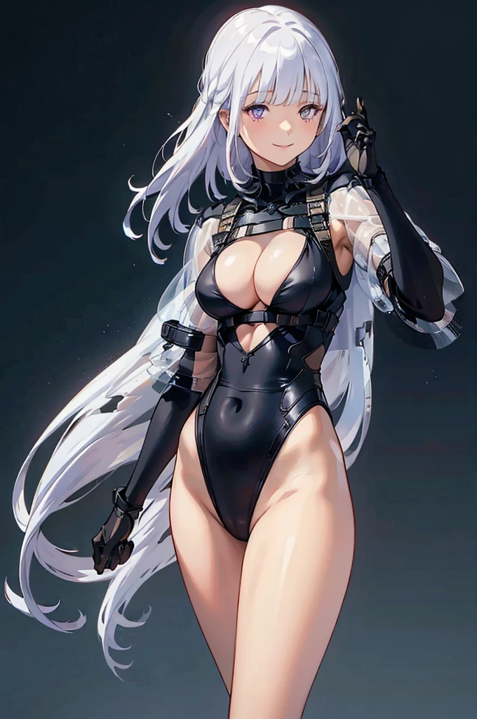 masterpiece， Highest quality， Observe the audience， length Hair， Fresh， （Wavy Hair：0.7），
White Theme， （（（（Grey Ruins，）））），Human whole body，See-through leotard，Front view，Side view，Rear view，Crimson Eyes，Bright Eyes，length, Pure white straight hair，Small breasts、A light smile，（Cowboy Shot），Ultra-high resolution，Accurate，Very detailed，Awards，Attention to detail，Highest quality，8k、High leg leotard、Doomsday of the World、Black Dragon、Sexy beauty、Big Breasts