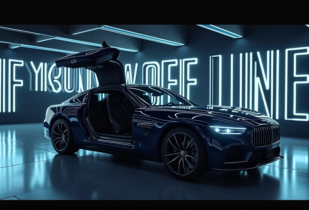 Now a car with an open door on the side with many LED lights in a room with 8k quality, and that contains the word OFF LINE.