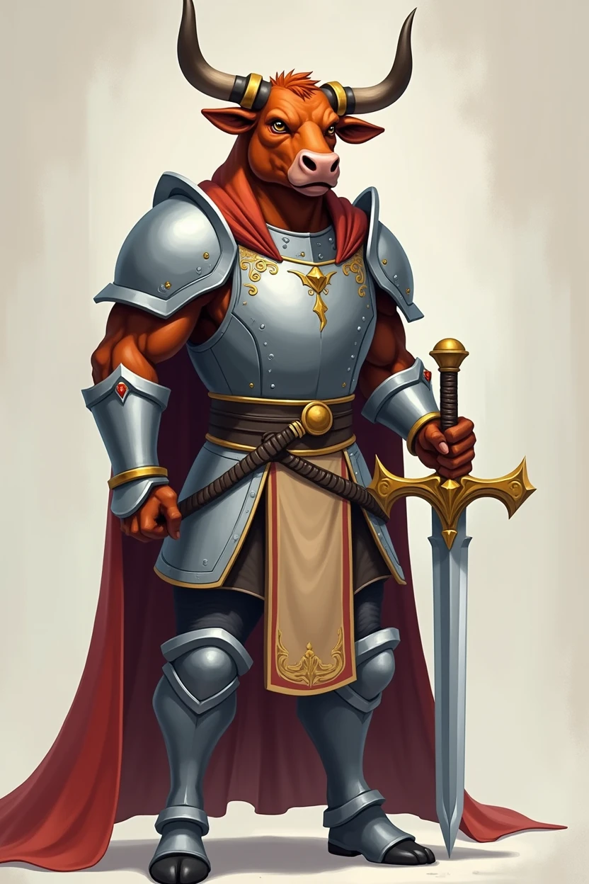 Minotaur in Greek mythology,Wearing silver and simple cleric armor,Inspired by the Classic of Mountains and Seas,cow head,cow horn,armor,silver shiny simple sword,ginger fur, Anthropomorphic paladin cow,Traditional Chinese concept art, looking brave and mighty, simple background