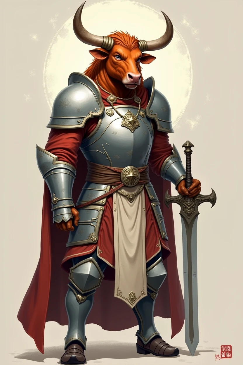 Minotaur in Greek mythology，Wearing silver and simple cleric armor，Inspired by the Classic of Mountains and Seas，cow head，cow horn，armor，silver shiny simple sword，ginger fur, Anthropomorphic paladin cow，Traditional Chinese concept art, looking brave and mighty, simple background
